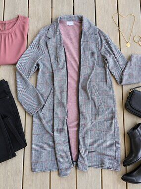 Melloday Glen Plaid Open Front Duster Cardigan Longline Jacket L